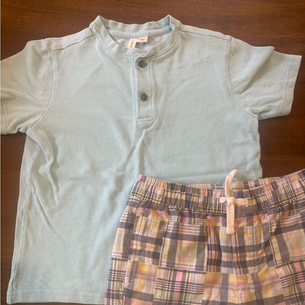 Janie and Jack Light Blue Shirt and Plaid Shorts Set